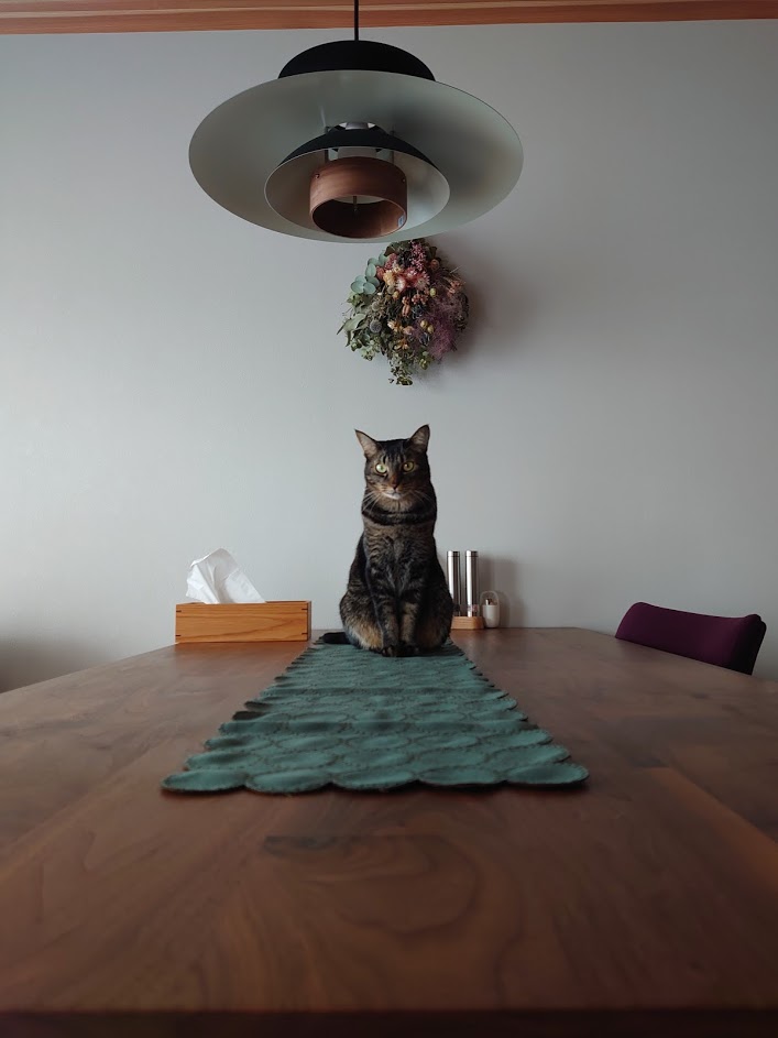 写真が絵になる！ペットも気に入る天然杢のウォールナットのテーブル。一枚板 テーブル ウォルナット